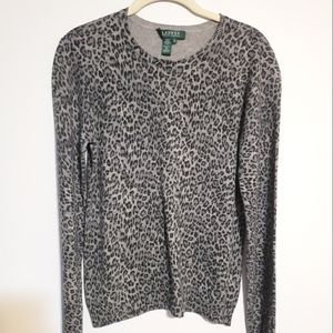 Lauren Ralph Lauren Grey Leopard Round-neck Silk Cashmere Longsleeve Sweater Med